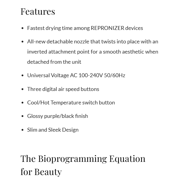 From Japan REPRONIZER 27D plus Hair Dryer AC 100-240V 50/60Hz REP27D-JP Bioprogramming